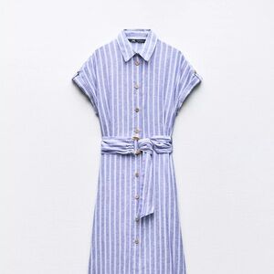 ZARA Med EUC Button-Front Striped Shirt Dress with Belt